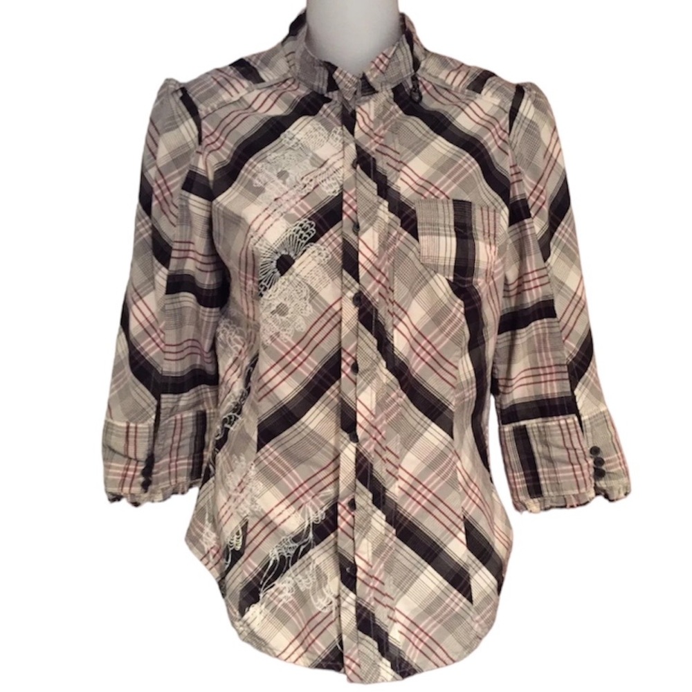 Diesel Plaid 3/4 Sleeve Button Down Floral Detail Shirt